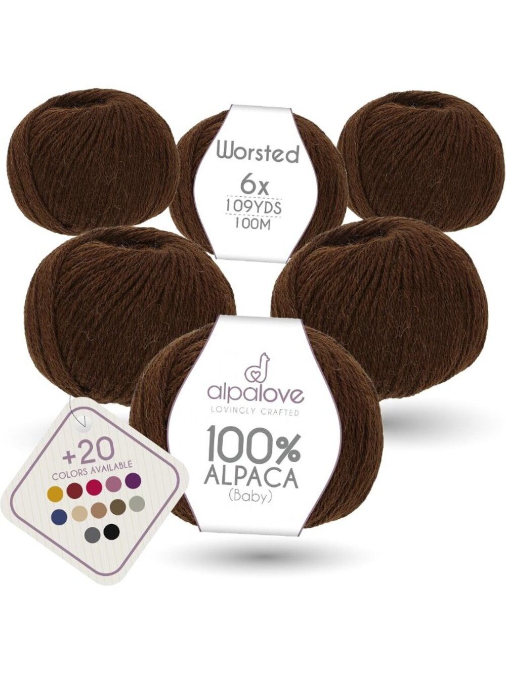 Soft Baby Alpaca Yarn Set - 6 Skeins, 656 Yards, Worsted Weight, Chocolate Brown